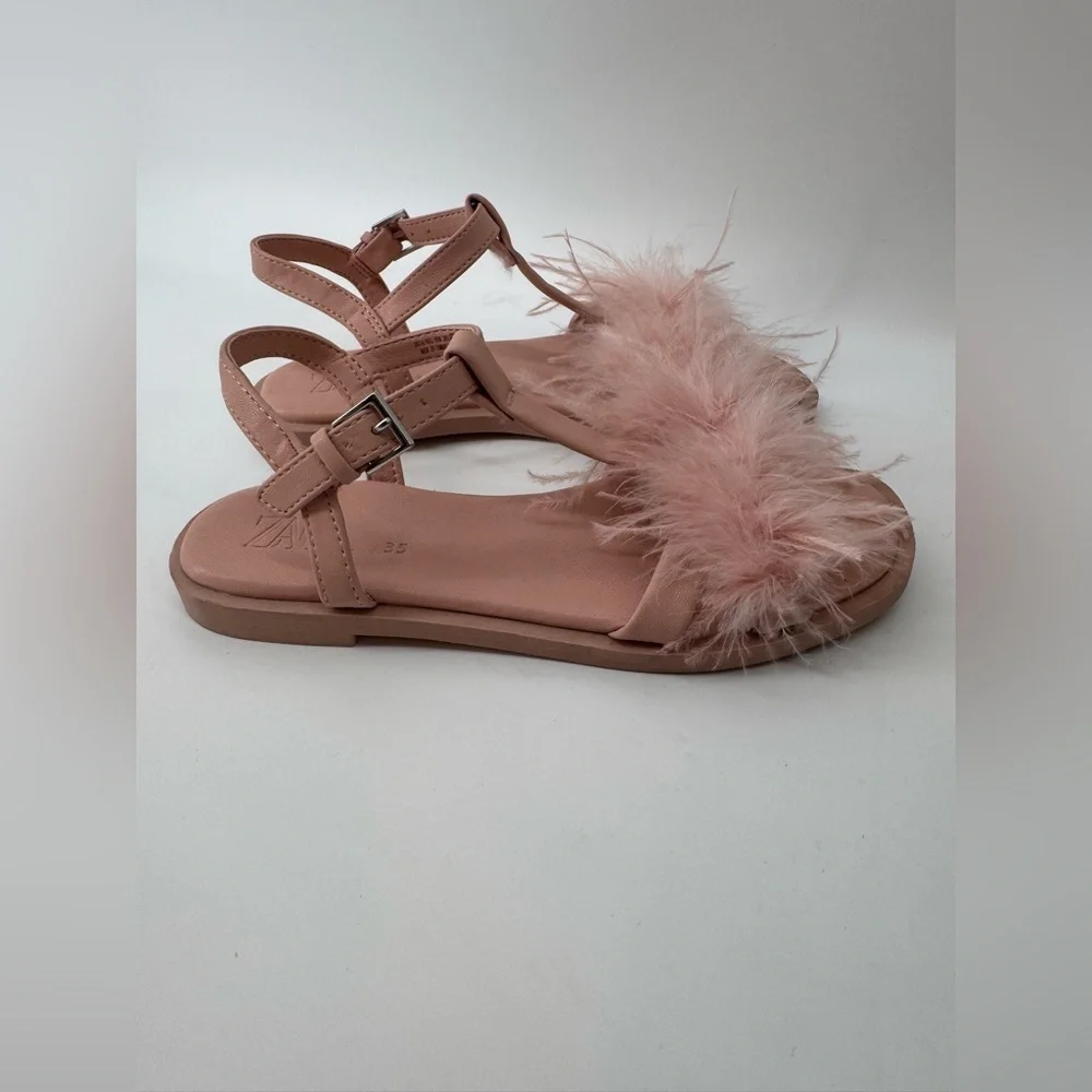 New Zara Feather Flats Pink Beige Sandals - Picture 2 of 4